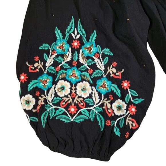 Floreat Anthropologie Embroidered Peasant Top Medium Black Bohemian Whimsigoth - Picture 5 of 11